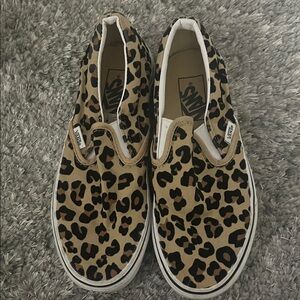Vans Tan and Black Leopard Slip-Ons
